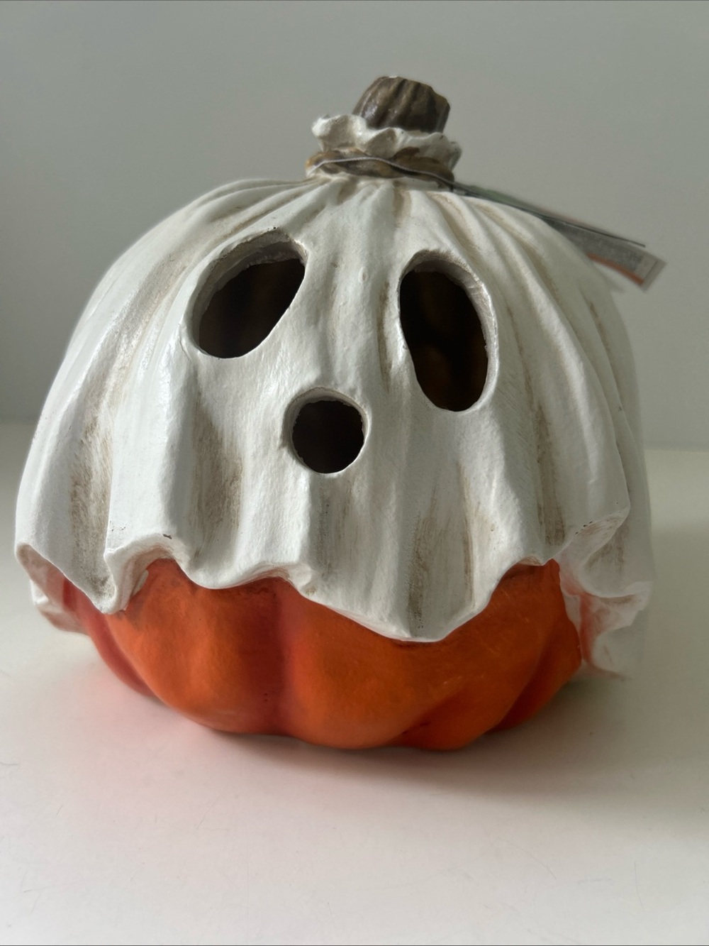 Ghost Pumpkin Light Up Jack O’ Lantern Accent - White & Orange 7.5” NEW